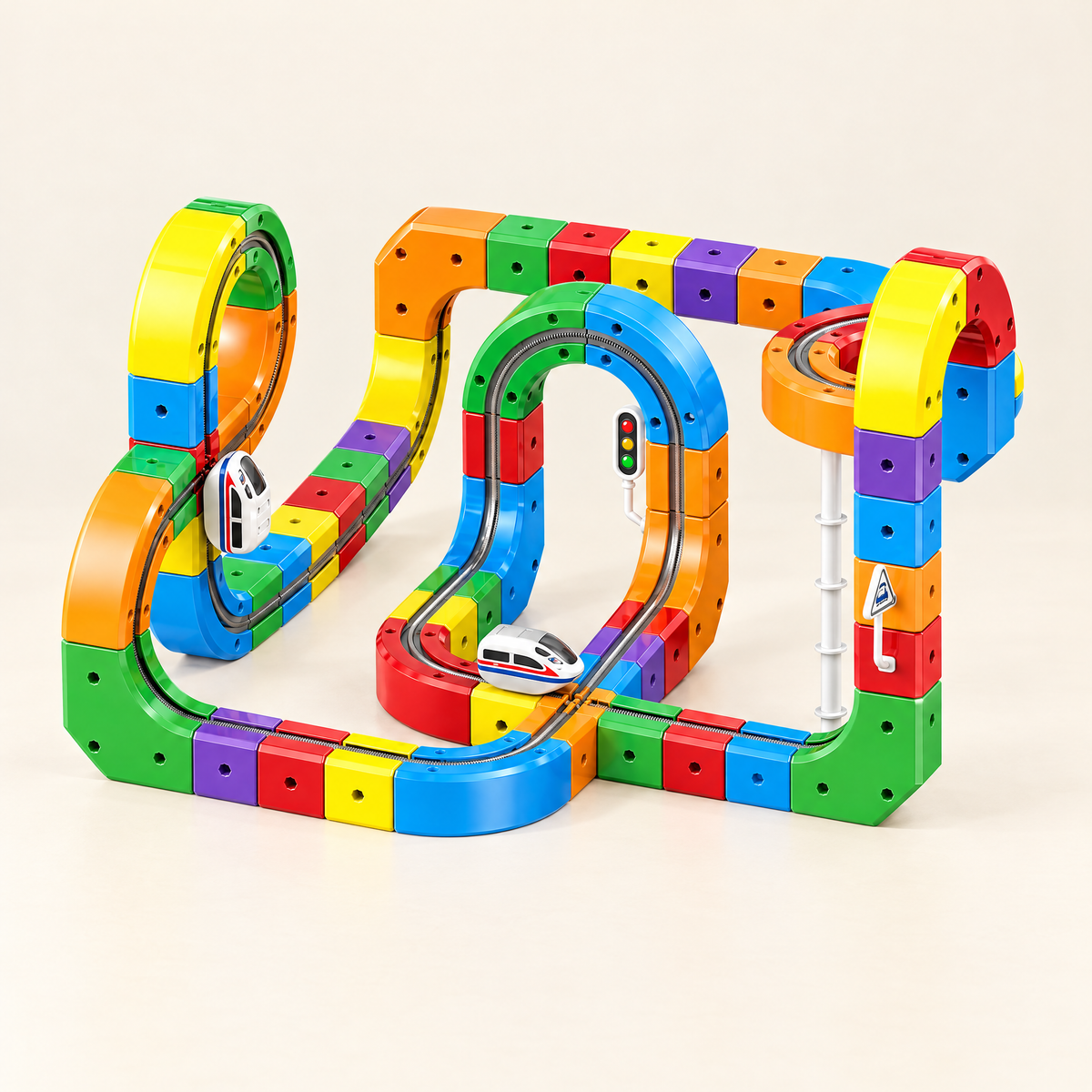 Magnetic track toy with white electric train in a colourful loop and arch layout