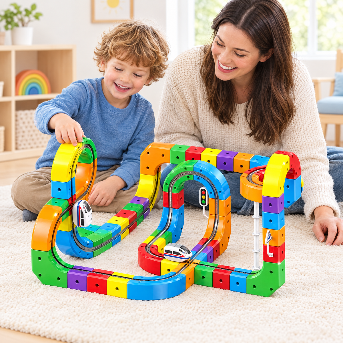 Child and adult playing with the magnetic track toy