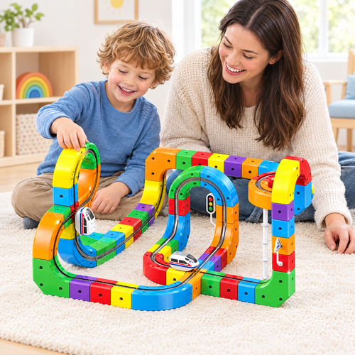 Child and adult playing with the magnetic track toy