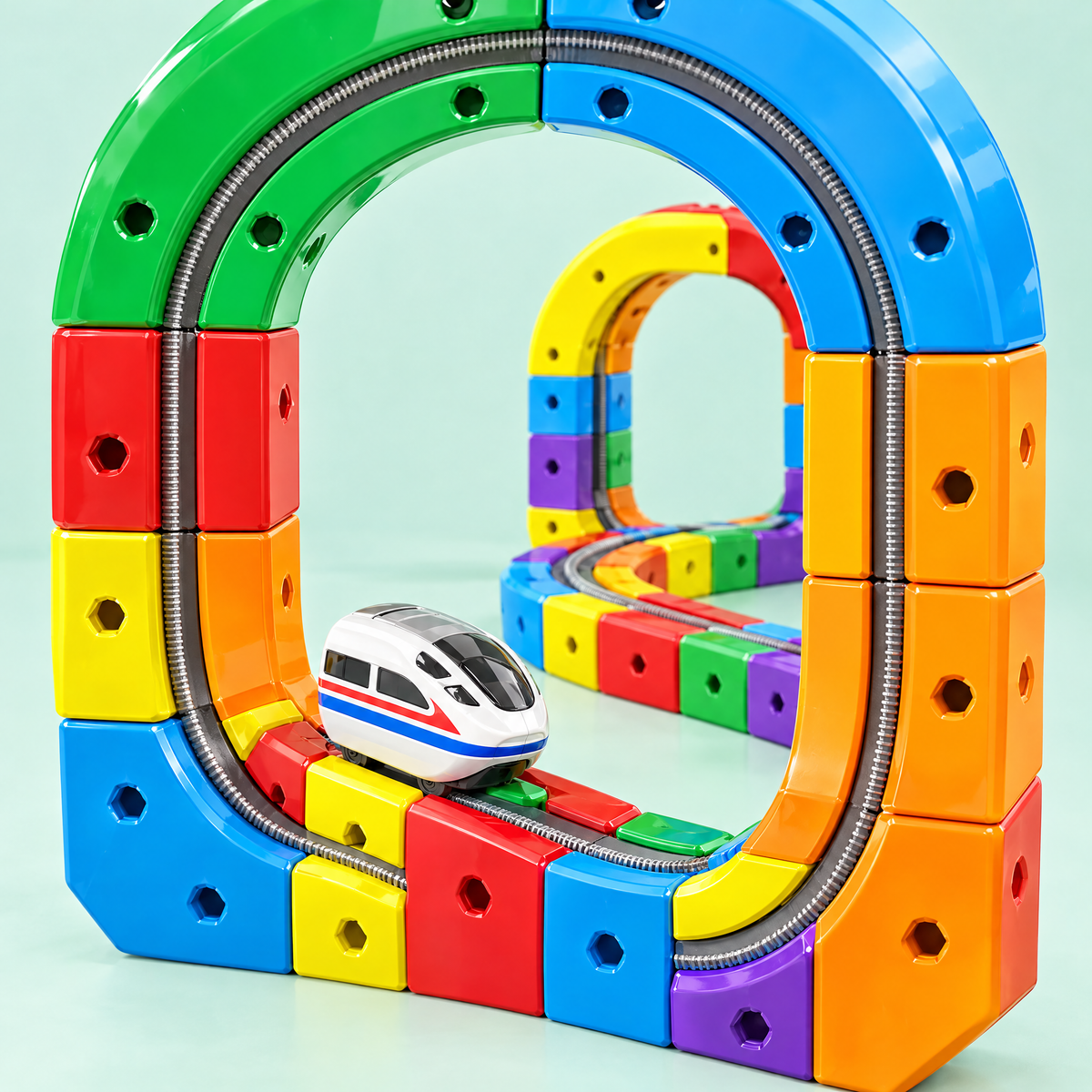 White electric toy train passing through a colourful track arch